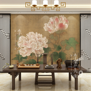 中式花鸟壁纸复古国风墙纸，牡丹芙蓉卧室，客厅定制壁画摄影拍照墙布