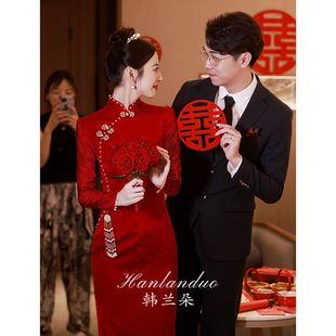 新中式旗袍敬酒服2023新娘酒红色国风小个子回门长袖订婚礼服