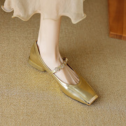 真皮法式玛丽珍女鞋2024年水钻方头平底豆豆鞋银色配裙子单鞋