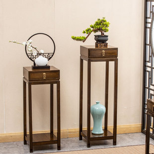 新中式花架客厅花几盆架带抽楠竹，仿古植物台落地室内禅意置物架子