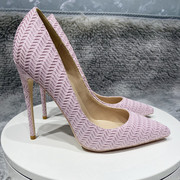 秋季舒适粉红色针织12cm细跟超高跟尖头浅口单鞋日常10cm女鞋
