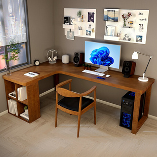 实木转角书桌书柜一体组合书房l型大板办公桌家用拐角双人电脑