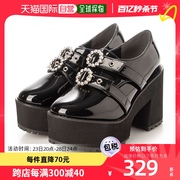 日本直邮attagirl粗跟厚底，女鞋10cm宝石，扣带黑色珐琅时尚