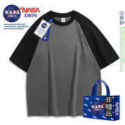 NASA联名休闲宽松重磅纯棉短袖T恤女潮牌拼接插肩百搭情侣五分袖