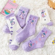 儿童袜子加绒加厚毛圈，袜女童学生中大童秋冬季紫色兔子中筒袜