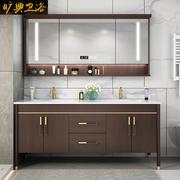 新中式橡木岩板双盆浴室柜，组合洗脸洗手面盆柜，实木洗漱台盆卫生间