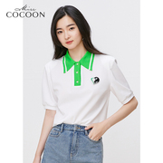 missCOCOON时尚上衣复古白绿撞色POLO领宽松短袖T恤夏款