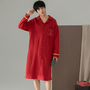 红色男士睡袍纯棉加厚冬季开衫夹棉长裙夹层睡裙长款浴袍秋冬