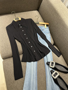 vanlu经典时髦法式优雅复古尖领单排扣修身显瘦长袖衬衫上衣女