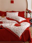 多喜爱纯棉婚庆四件套中式大红印花全棉床单被套红色套件新婚套件