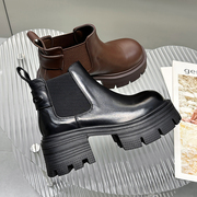 欧洲站胎牛皮，马丁靴女款2023真皮增高粗跟松糕厚底切尔西短靴