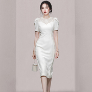 2023夏季女装气质白色泡泡袖，珍珠蕾丝拼接修身圆领短袖连衣裙