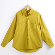 1579口袋衬衫秋季棉质，翻领大码纯色显瘦百搭纽扣，衬衣外贸尾
