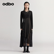 odbo欧迪比欧原创设计叠穿复古连衣裙女秋装垂感高腰裙