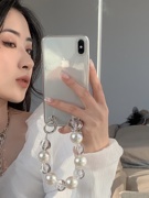 韩国同款ins风手机壳挂链糖果色珍珠手机链装饰透明水晶时尚短链