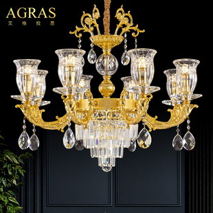 法式客厅水晶吊灯全铜奶油轻奢金色纯铜，高端复古欧式别墅餐厅吊灯