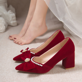 婚鞋新娘鞋2024年红色高跟鞋，粗跟秀禾婚纱，两穿结婚鞋子不累脚