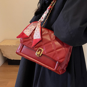 红色包包女士2023潮高级感菱格链条，包秋季(包秋季)时尚质感单肩斜挎包