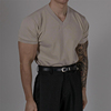 MRDONG韩国男装高品亚麻混纺气质V领纯色净版针织休闲短袖T恤