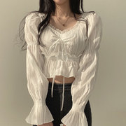韩国chic秋季甜美减龄花边方领系带蝴蝶结修身显瘦喇叭袖短款衬衫