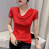 网纱V领T恤女短袖夏装设计感洋气镂空烫钻上衣修身红色时髦小衫潮