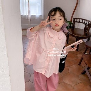 女童浅粉衬衫不规则9分袖小众设计蝙蝠袖，宝宝娃娃衫秋装2023