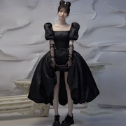 影楼主题拍照服装婚纱摄影复古少女，艺术照赫本写真黑色泡泡袖礼服