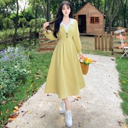 新中式甜美风小个子连衣裙，复古改良翻领纯色中长裙，春日穿搭茶歇裙