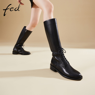 fed长靴冬季靴子系带加绒骑士靴圆头真皮高筒靴女1130-ZF573