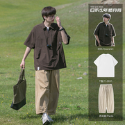 美式半拉链衫男短袖套装夏季三件套日系风格穿搭衬衫七分半袖