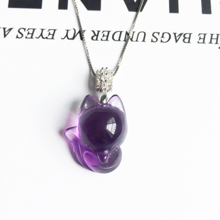 天然紫水晶狐狸项链，925纯银锁骨链，水晶吊坠饰品女紫晶礼物
