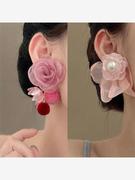 银针少女心粉色花朵珍珠流苏耳环甜美气质耳钉网红时尚高级感耳饰
