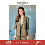 Goodland美地女装春季时尚通勤军绿色双排扣休闲西装外套