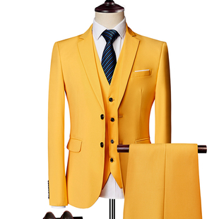 欧洲站男士商务休闲西装套装西服套装黄色三件套主持人表演礼服