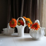 W1962欧洲订单纯白色镂空陶瓷田园复古风装饰花瓶花篮摆件收纳篮