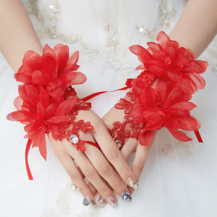 结婚手套新娘白色夏季大码婚纱礼服敬酒服手套红色婚庆婚礼手套薄
