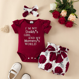 Kikobaby外贸婴儿短袖哈衣套装女婴字母夏款酒红腰带花朵短裤ebay