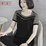 2024夏季韩版简约荷叶，边方领拼格子，合体短袖t恤大码女装上衣