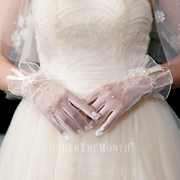 新娘结婚手套短款蕾丝珍珠蝴蝶结，白色手套长款勾指婚纱礼服手套