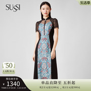 sussi古色23夏季黑色，蓝色拼接古典新中式，刺绣短袖连衣裙女