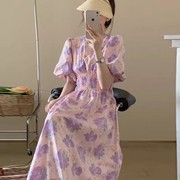 韩国夏季chic优雅长裙圆领褶皱收腰泡泡袖裙子碎花连衣裙