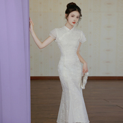 新中式国风重工刺绣改良旗袍2023高级感优雅气质白色连衣裙仙