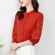 红色刺绣棉布衬衫女设计感小众2022春季立领，衬衣七分袖上衣