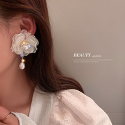925银针欧根纱白色花朵耳环韩版镶钻珍珠耳坠甜美超仙森系耳饰潮