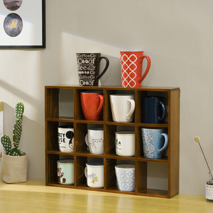 zakka实木桌面收纳盒现代简约水杯架置物架，多层墙上壁挂格子储物