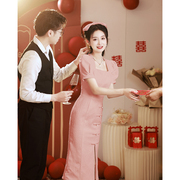 新中式粉色礼服订婚连衣裙日常可穿敬酒服改良惊艳年轻旗袍伴娘服