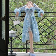 LydiaXu 梵高星空高腰连衣裙蓝色泡泡袖长袖时尚轻奢印花长款裙子