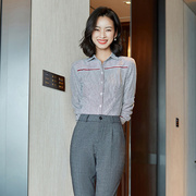 灰色竖条纹修身韩版衬衫女职业气质时尚上衣前台客服工装制服套装