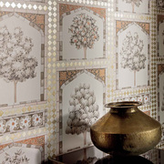 苏丹王宫彩陶背景墙墙布马赛克植物树木瓷砖效果墙纸进口风格壁纸
