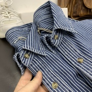 阿美咔叽日系复古风工装衬衫，重水洗纯棉，竖条纹牛仔宽松长袖衬衣